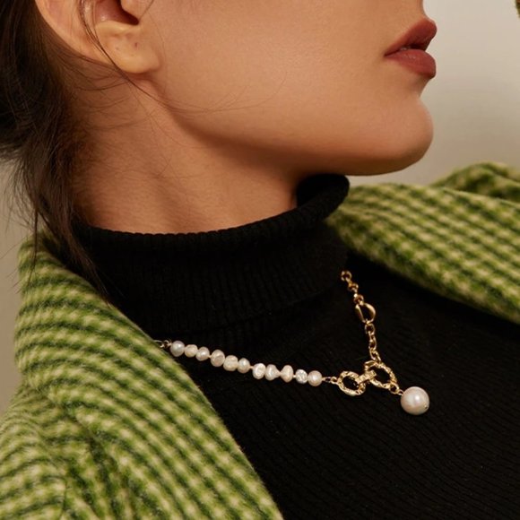 NEW 18K Gold Plated Natural Pearl Circle Link Chain Necklace - Picture 3 of 7